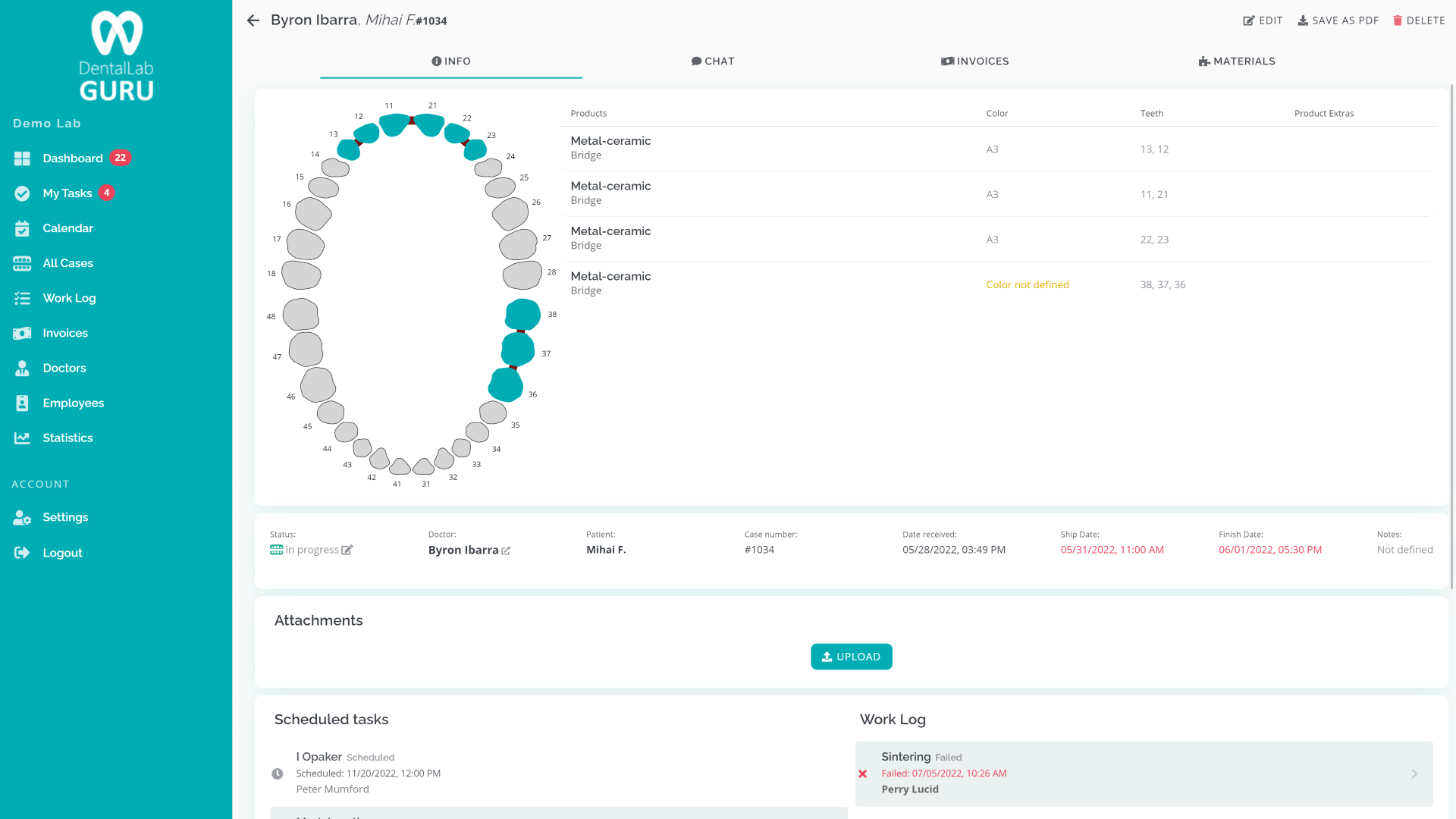 Demo Dental Lab Guru case record with information, chat, invoice, material and attachment areas.